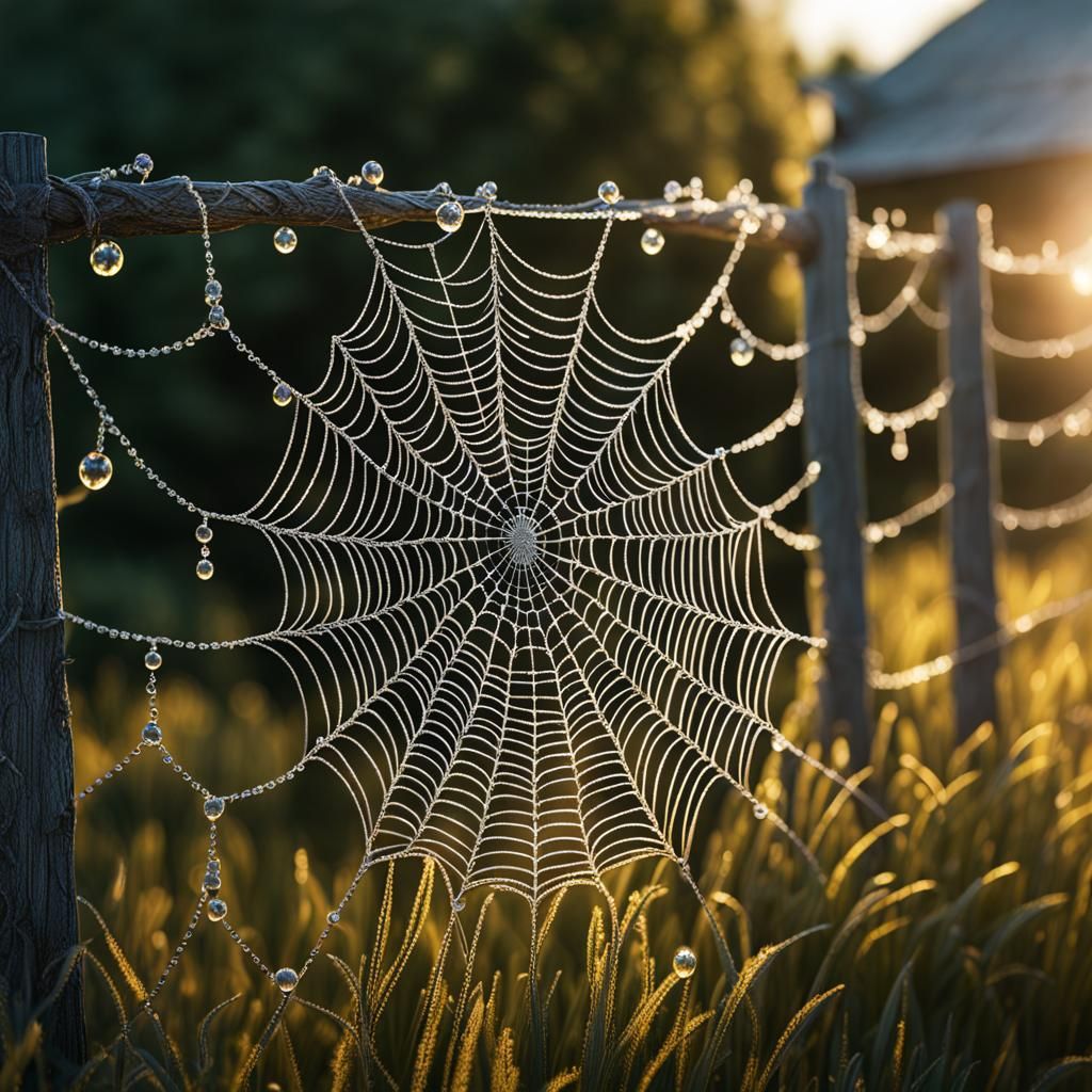 Lace Fractal Spiderweb Shimmers on Farm Fence