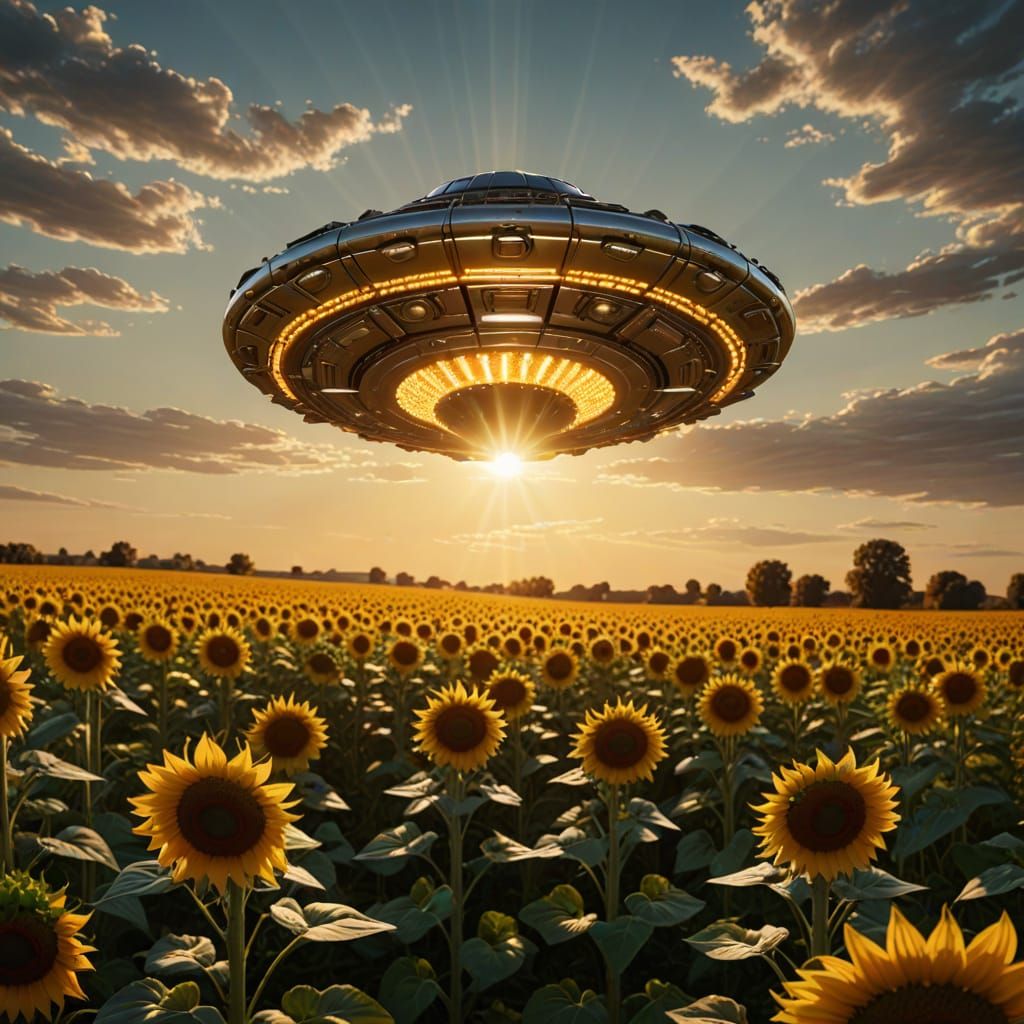 Surreal Scene of UFO Descending Over Sunflowers in Golden Ho...