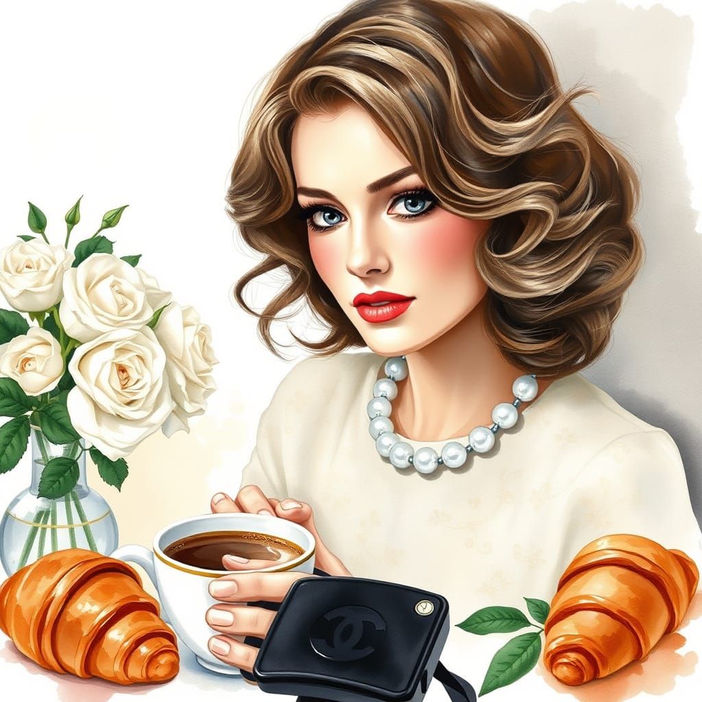 Vintage Woman with Coffee and Roses in Watercolor Style