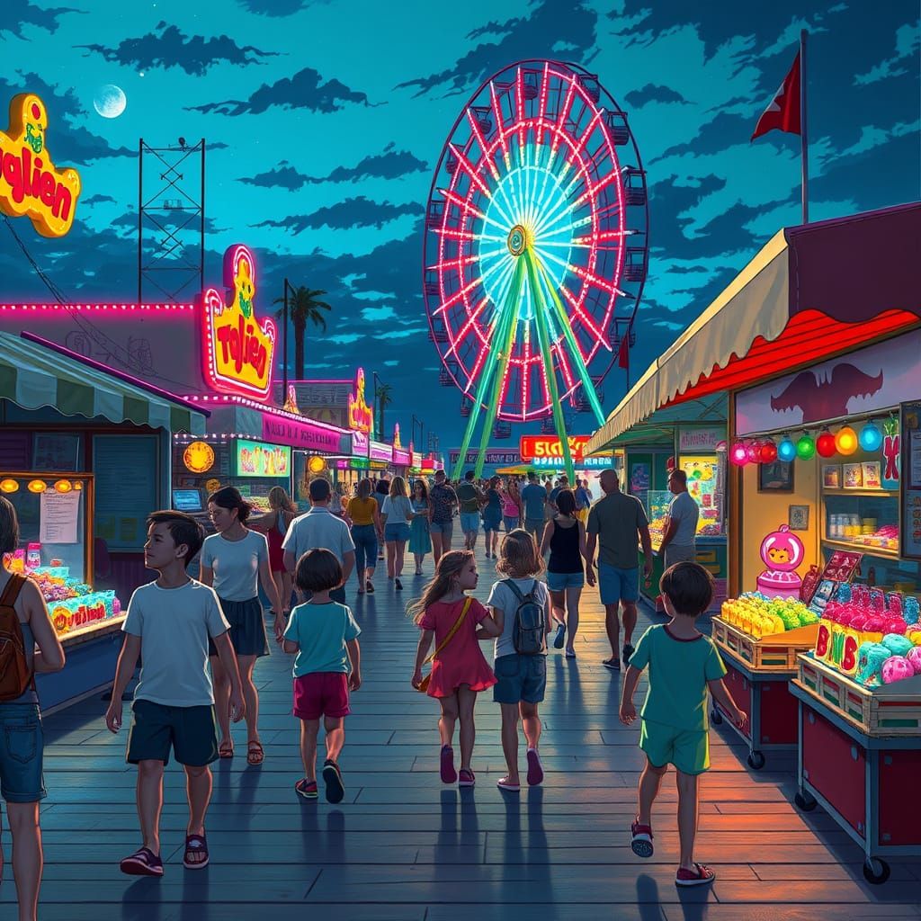 Vibrant Boardwalk Scene at Night in Dreamy Style