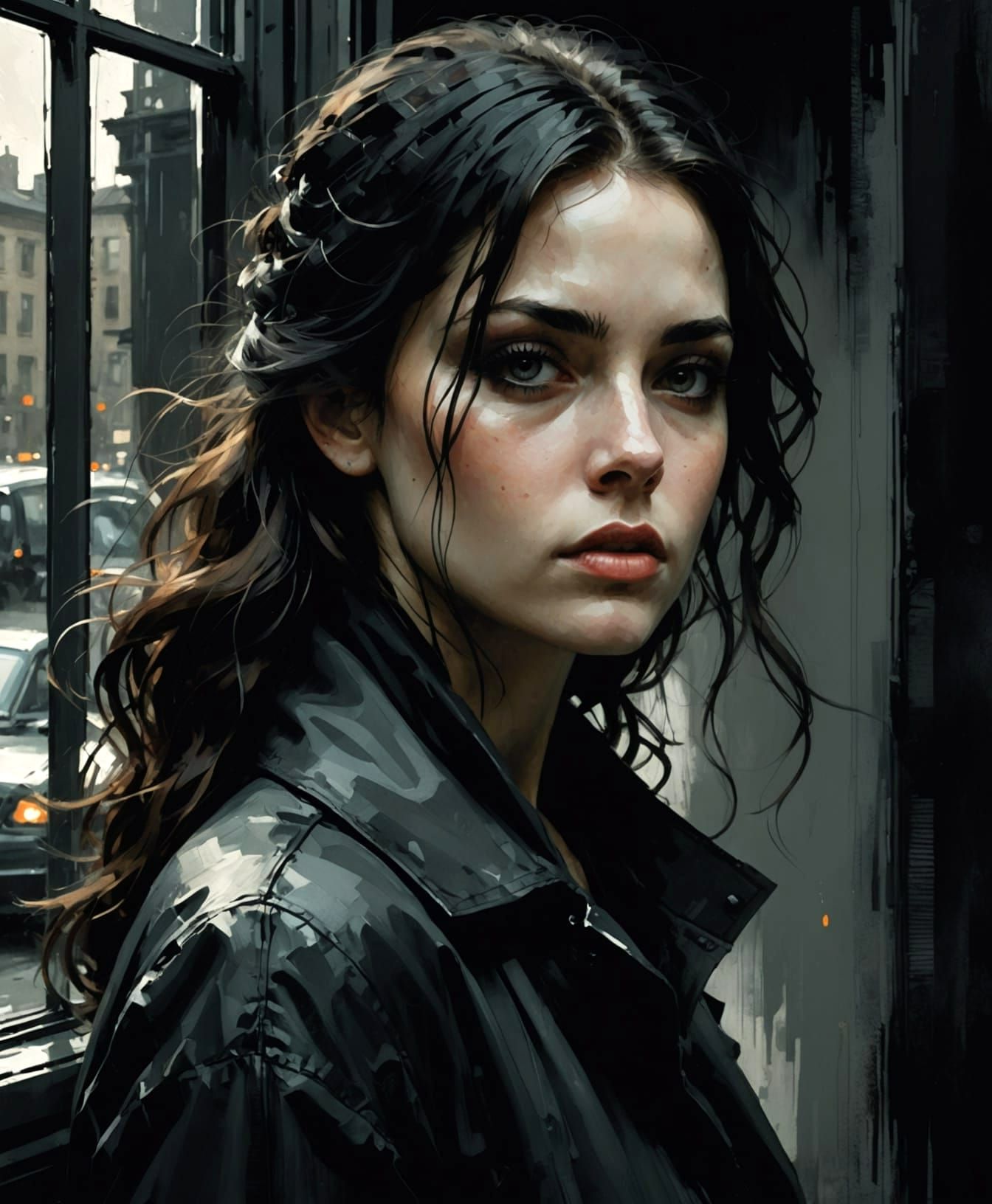 Monochrome Oil Portrait of a Beautiful Woman in Impasto Styl...