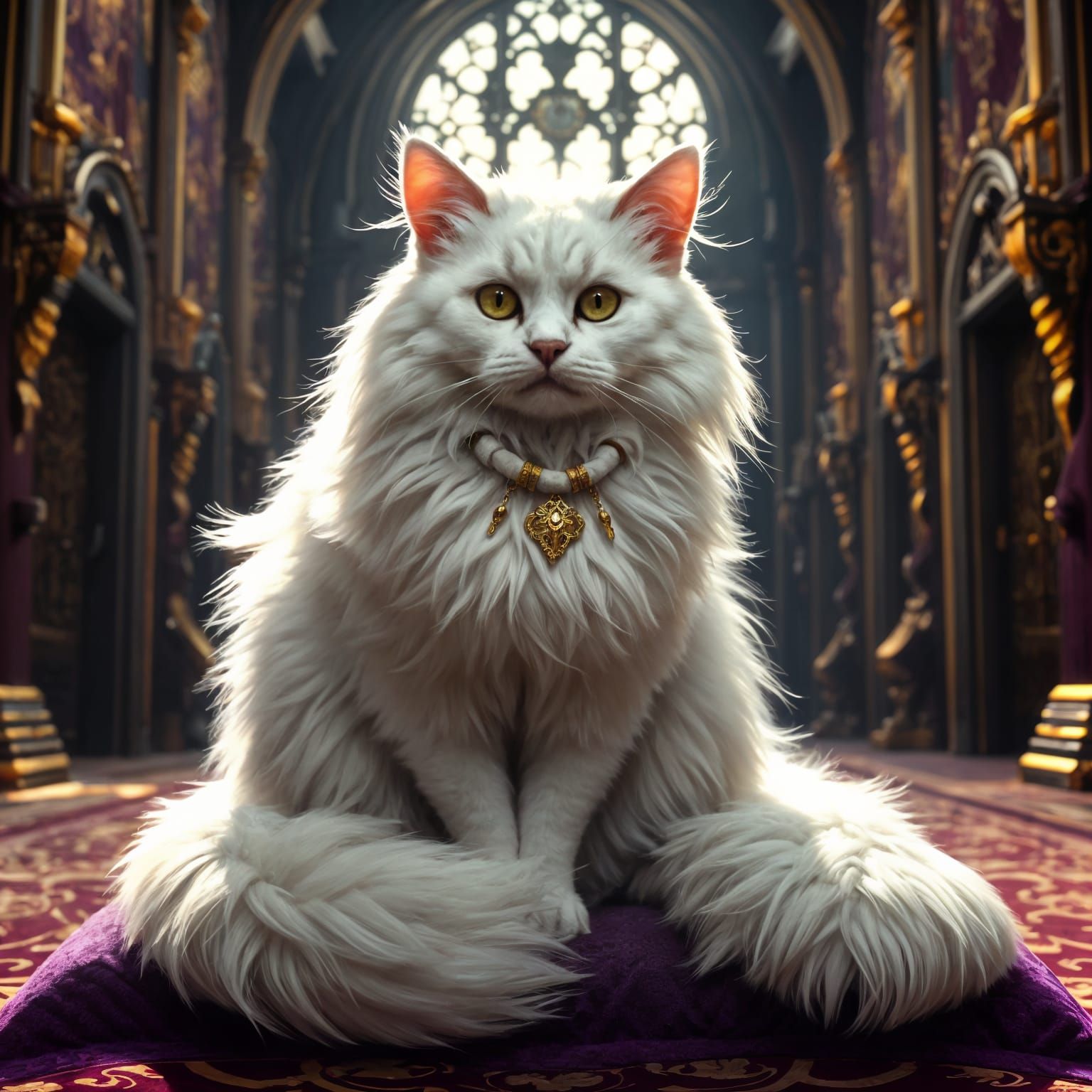 Luxurious White Cat Sits Regally Within a Dark Fantasy Castl...