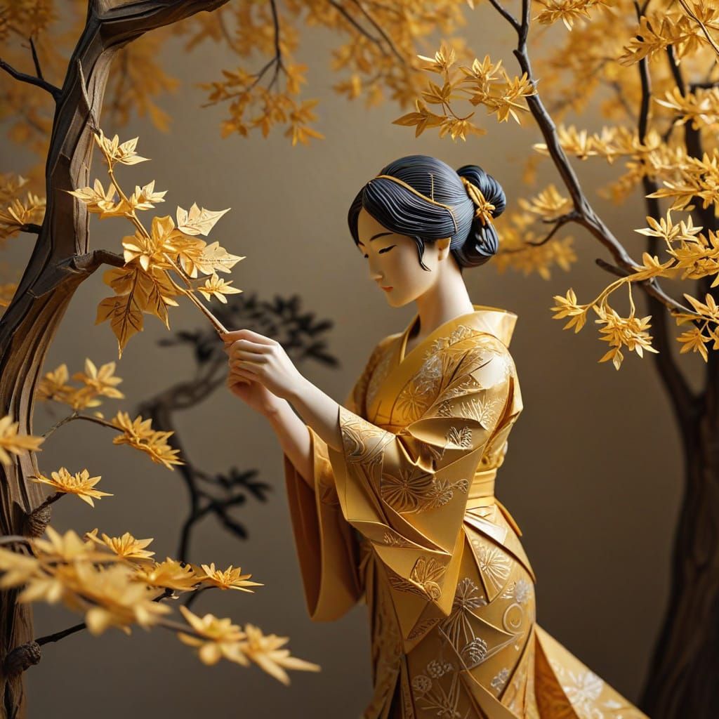 Origami Woman Paints Golden Tree in Intricate Paper Art