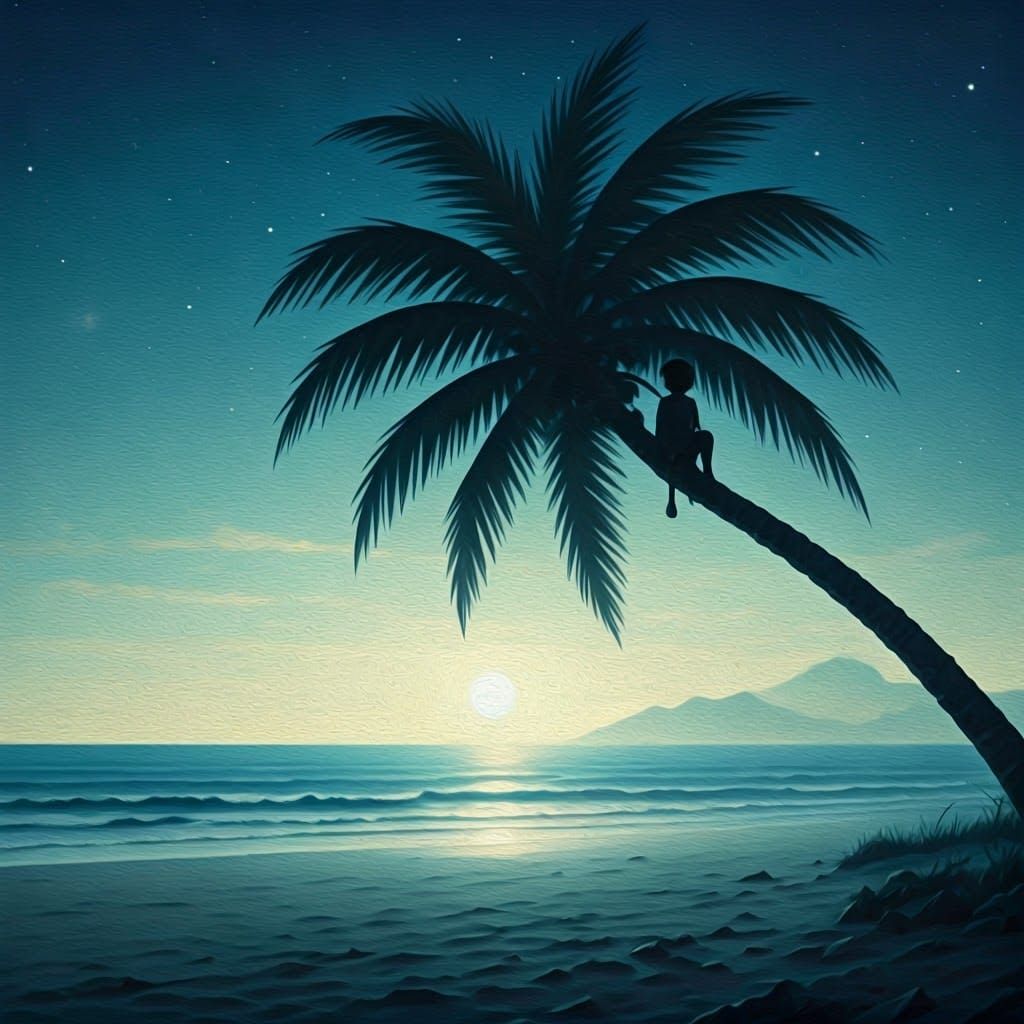 Child Silhouette on Palm Tree at Night