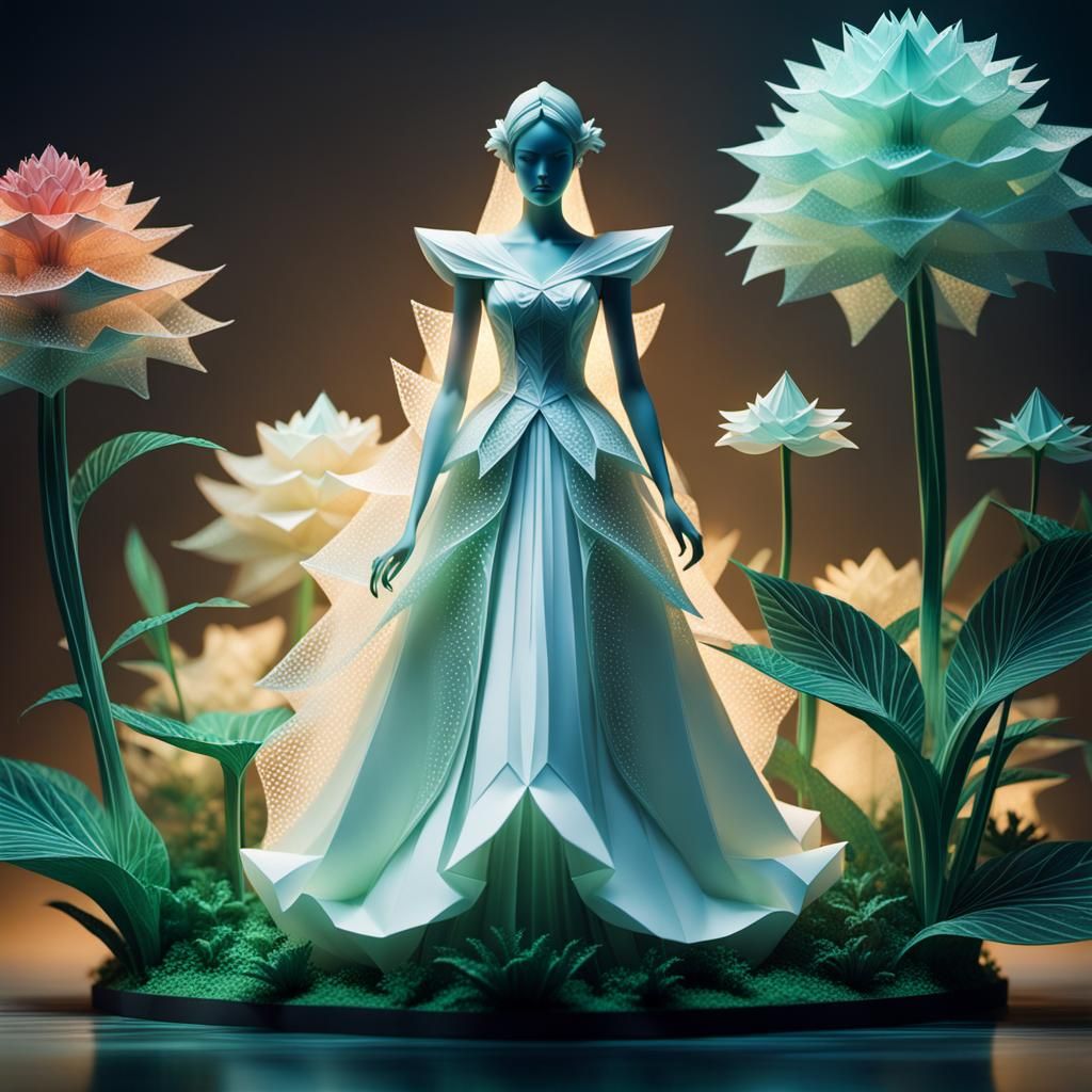 Ethereal Wedding Figure Waters Glowing Plant: Origami Paper ...