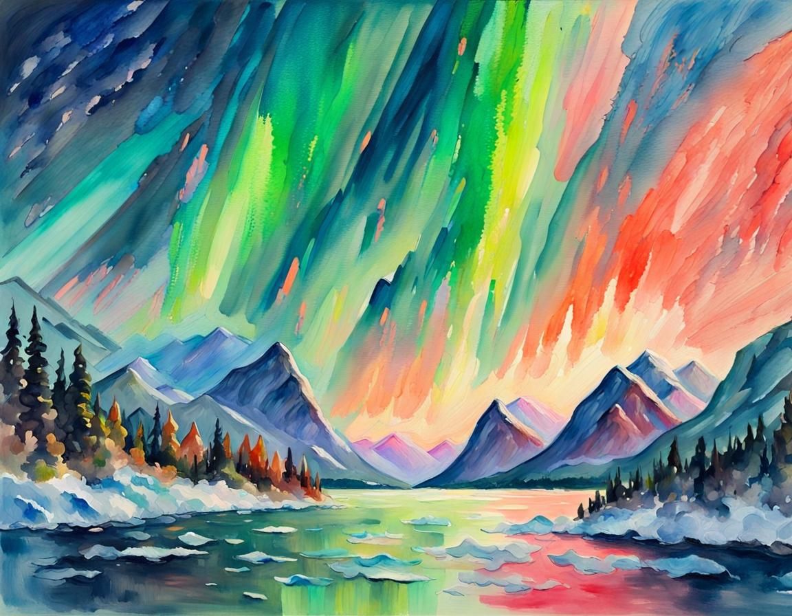 Aurora Borealis in Norway: Impressionist Gouache Painting