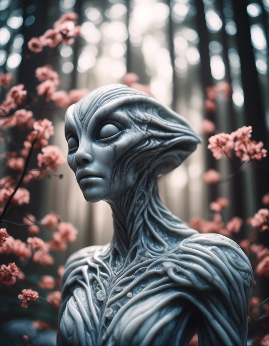 Marble Alien Statue with Bioluminescent Florals