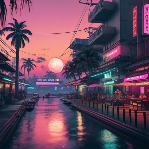 Cyberpunk Japanese Bar with Neon Moon