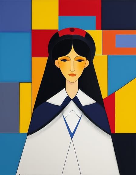 Elegant Portrait with Geometric Backdrop in Cubist Style