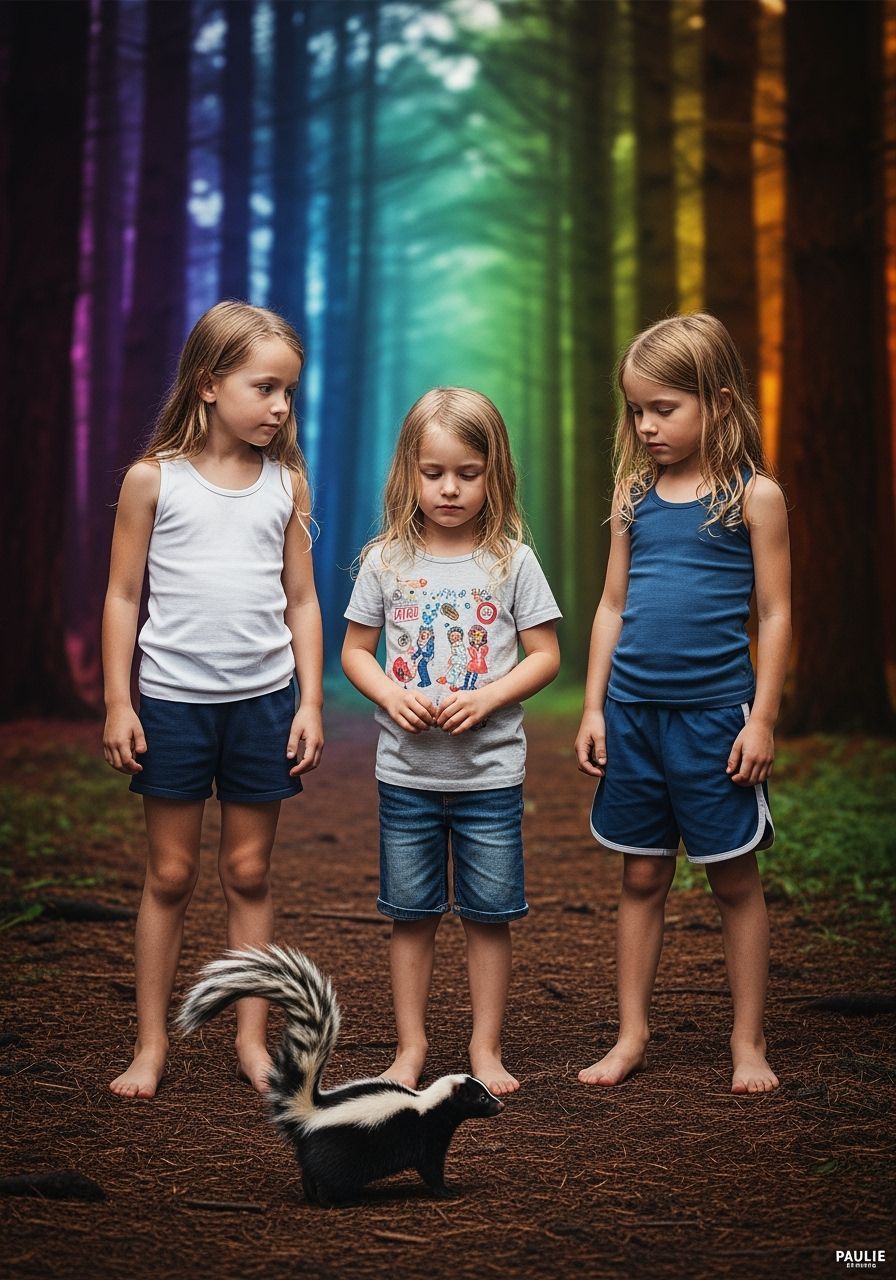 Girls Encountering Skunk in Hyperrealistic Style