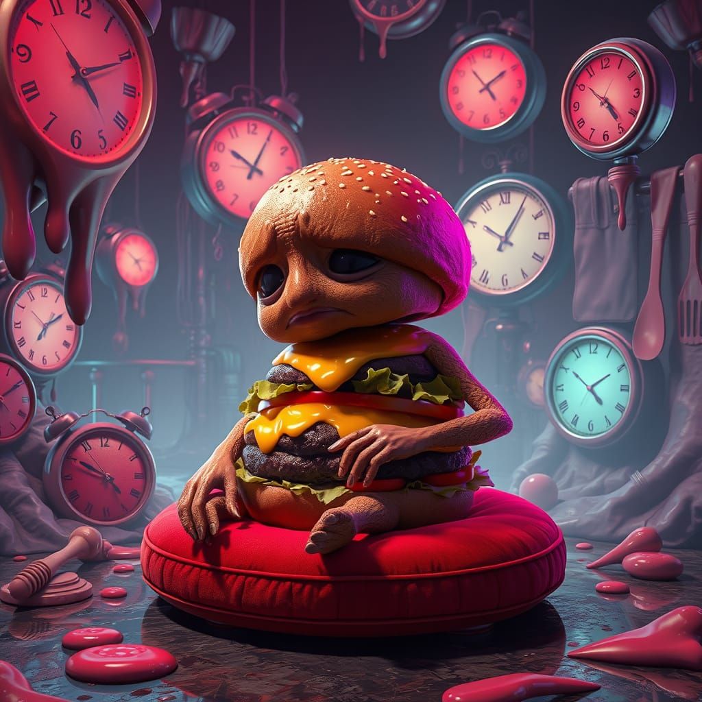 Surreal Cheeseburger Contemplates Existential Dilemma in a D...
