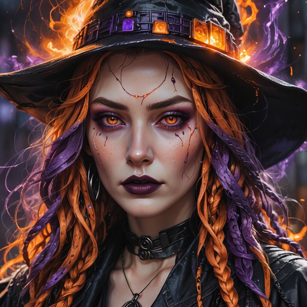 Cyberpunk Witch Portrait with Neon Lights and Runes