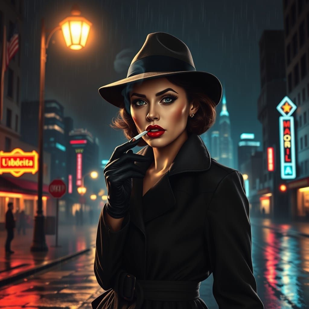 Film Noir Detective Woman Under City Streetlamp