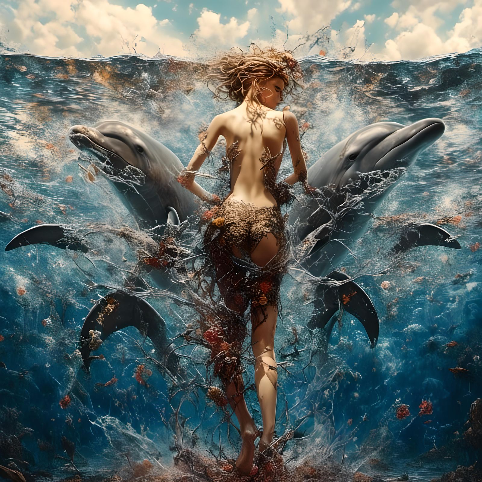 Changeling Dolphin Transformation in Rococo Horrorcore Style