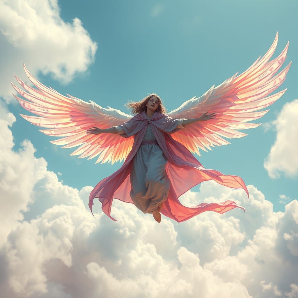 Winged Figure Soars Through Cloudy Skies in Vibrant, Dreamy ...