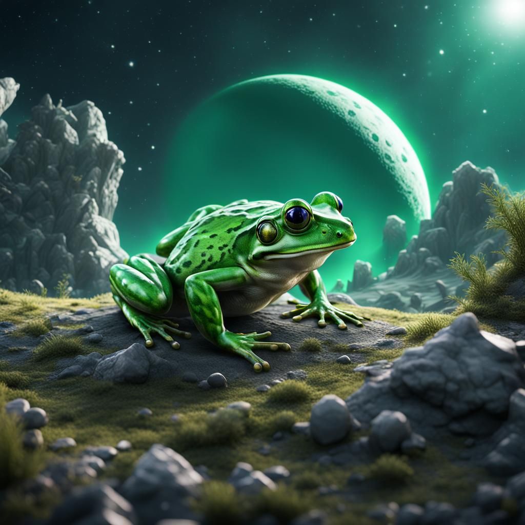 Crystal Green Frog on the Moon: Detailed Digital Art