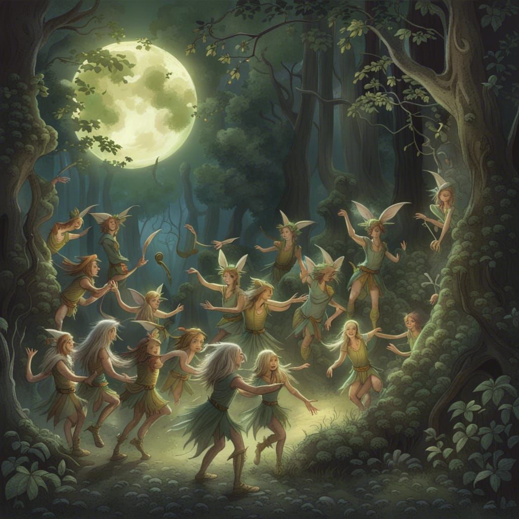Elves and Goblins Dancing Under Mystical Moon