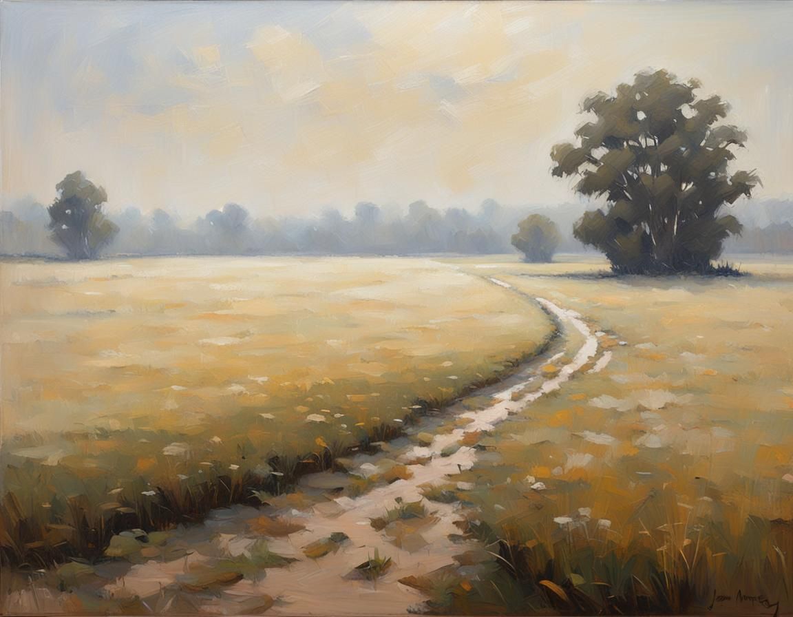 Fog Field Oil Painting in Beige and White