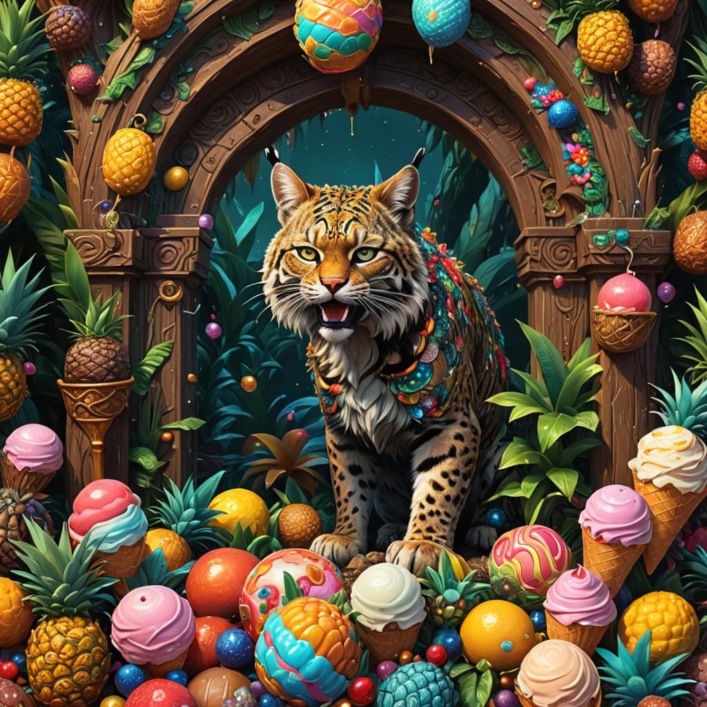 Surreal Fantasy Landscape with Bobcat and Dragon