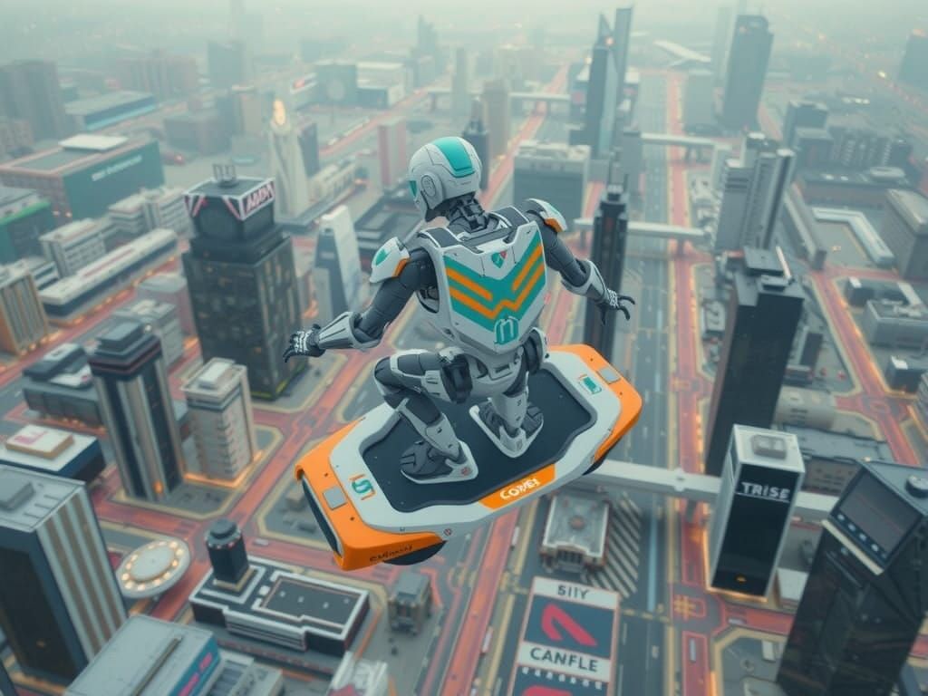 Cyberpunk Robot Soars on a Futuristic Hoverboard