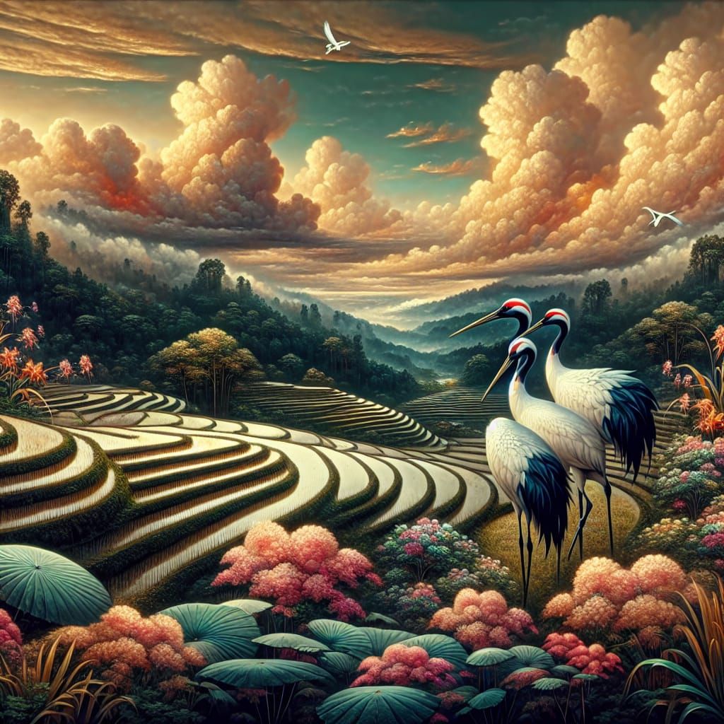 Japanese Cranes in Rice Fields: Fantasy Concept Art