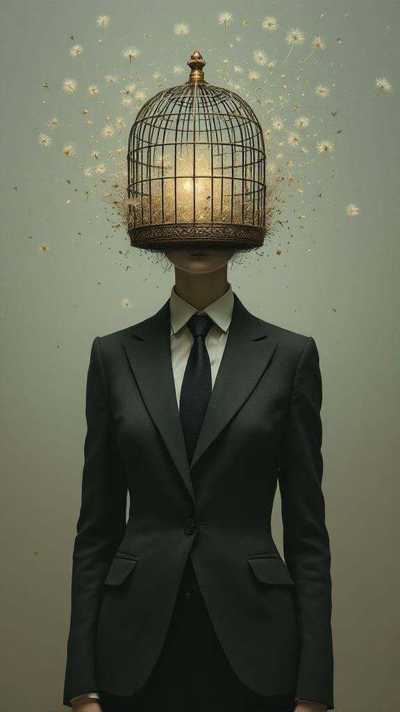 Surreal Birdcage Woman in Dreamlike Haze