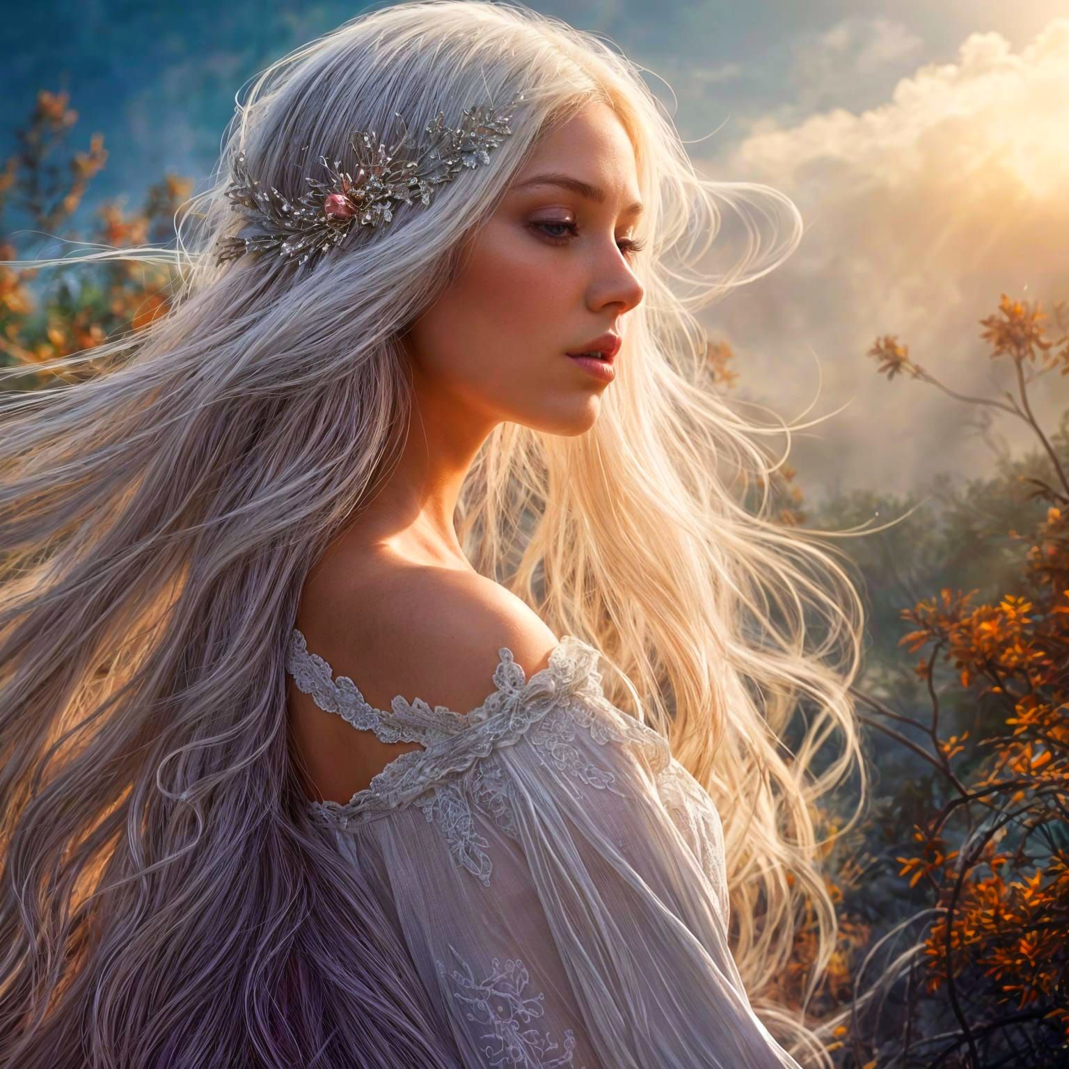 Dreamy Girl with White Hair in Sunlight