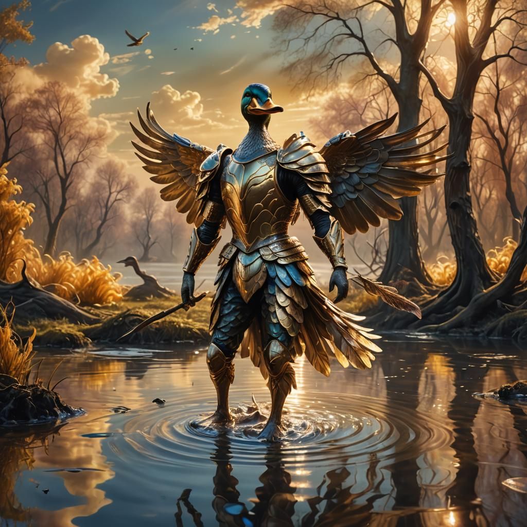 Duck Warrior in Dreamlike Surrealist Landscape