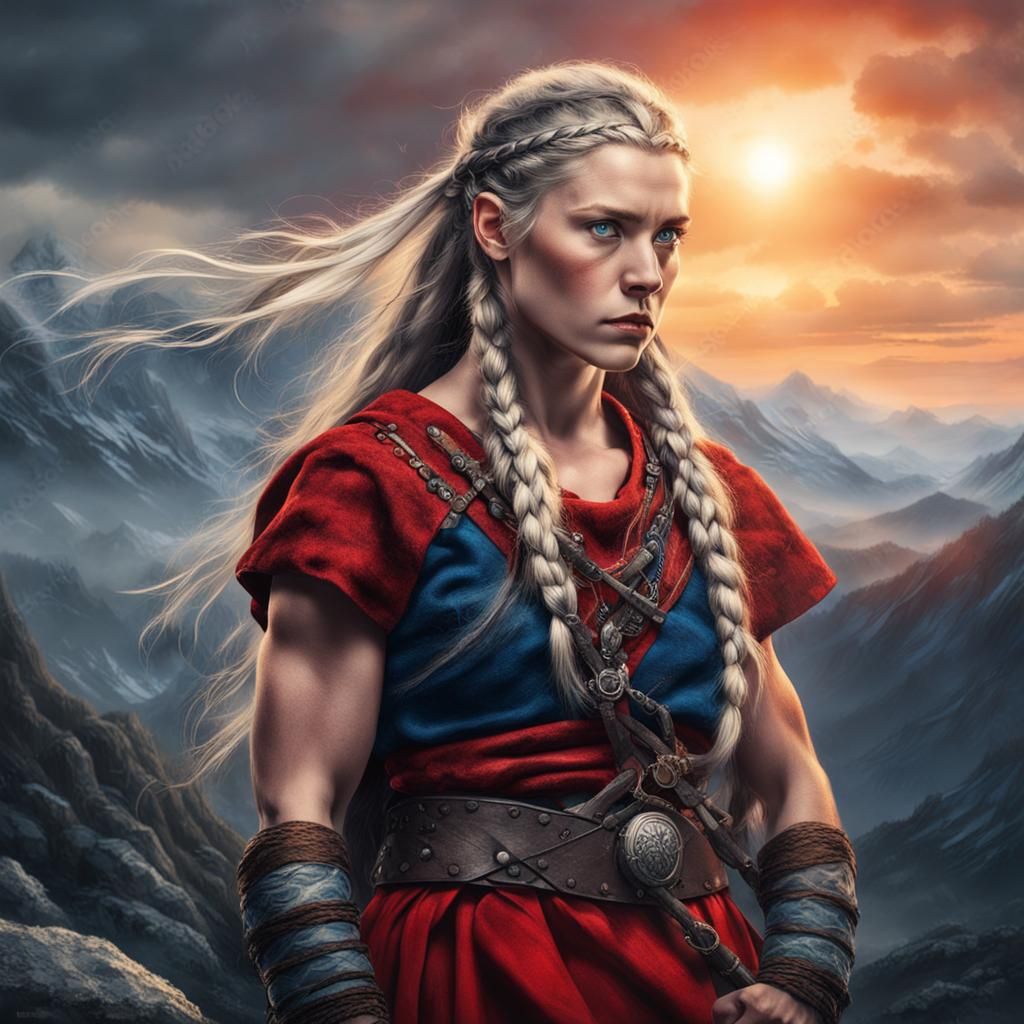 Viking Woman Warrior Praying at Sunset, Frazetta Style