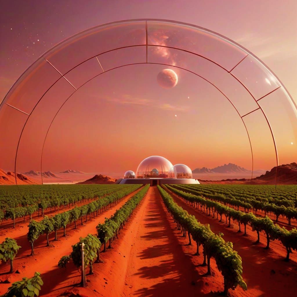 Mars Terraformed Vineyard in a Pink Skied Dome