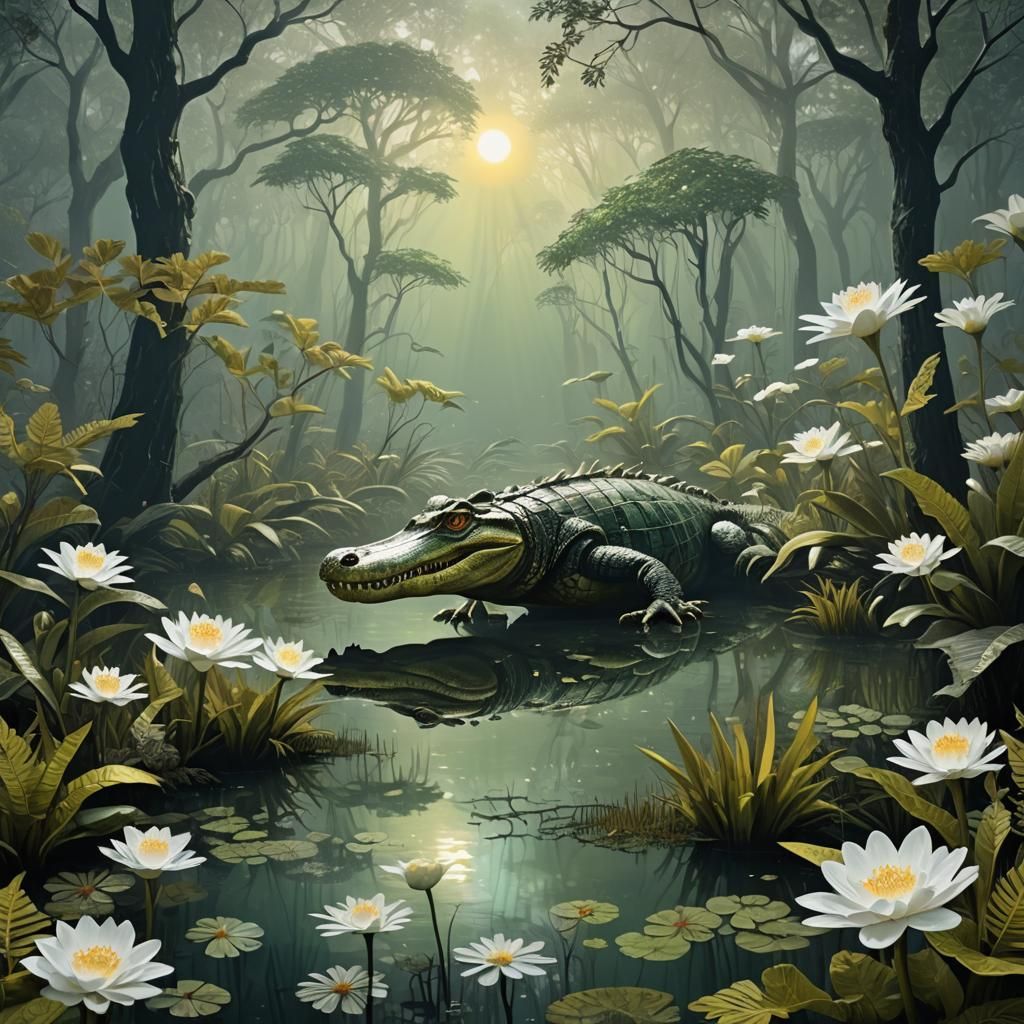 Alligator in Misty Mangrove Forest, Dreamlike 3D Art