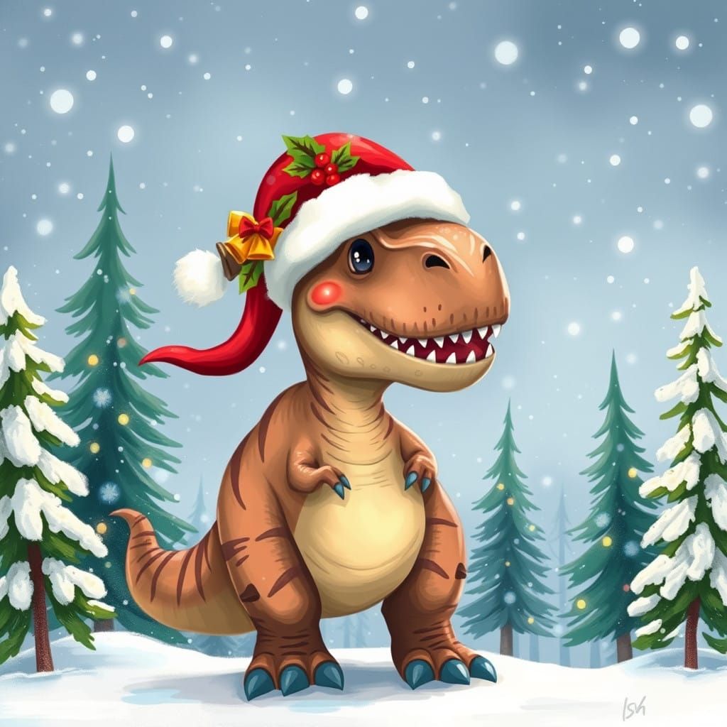 Whimsical Winter Wonderland with Friendly Dinosaur in Festiv...