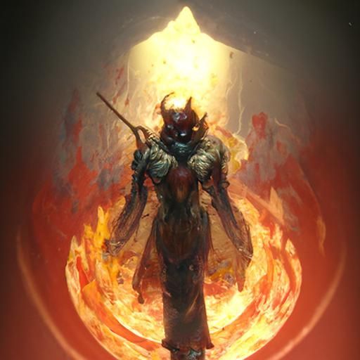 Demonic Figure with Burning Halo and Fire Blade