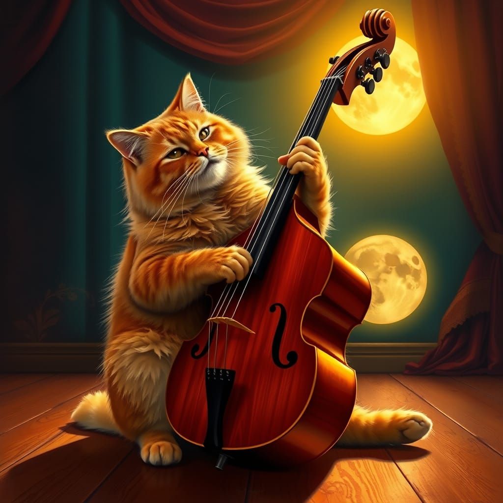 Melancholic Orange Cat Plays Upright Bass Under Moonlight