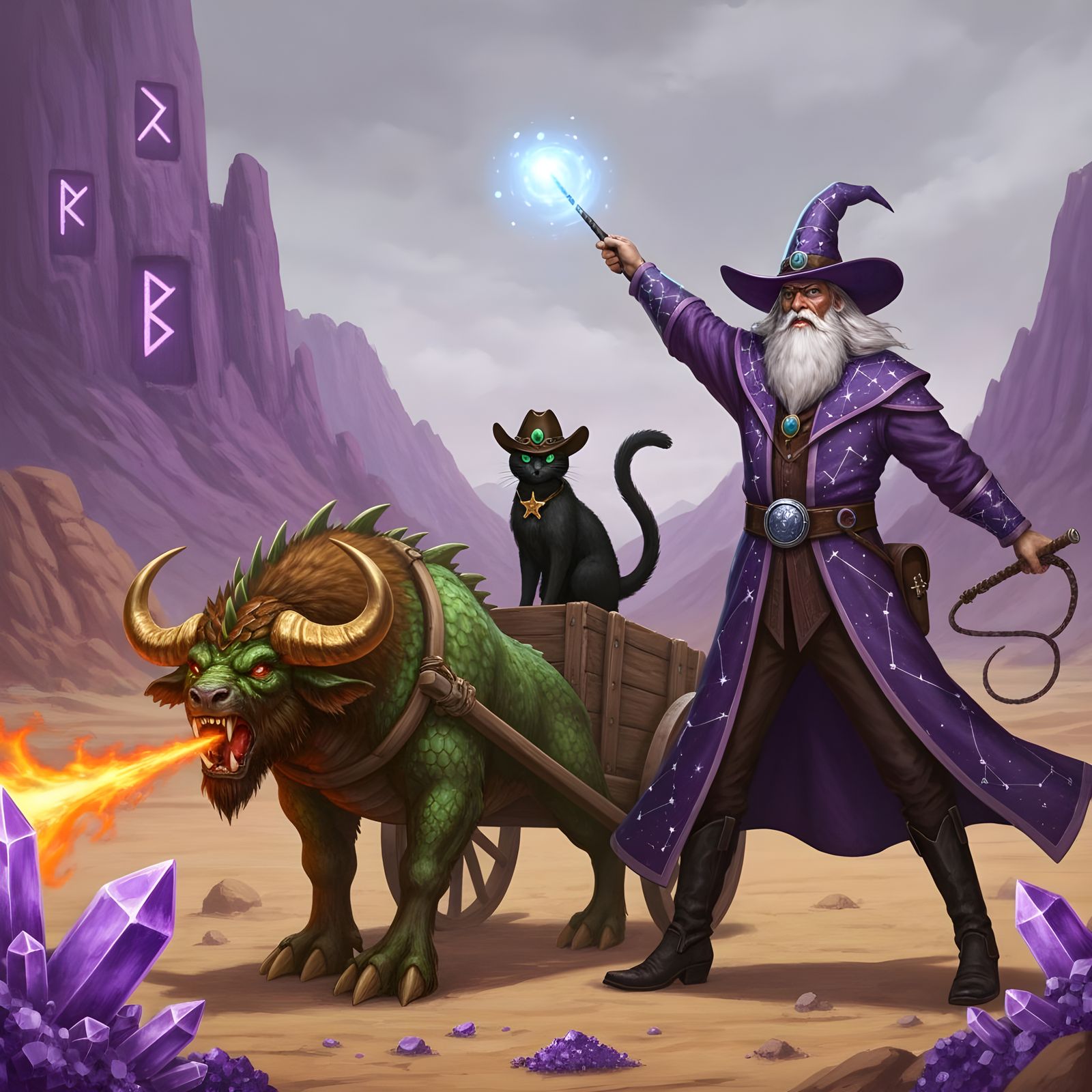 Wizard and Fire Dragon in Enchanted Desert