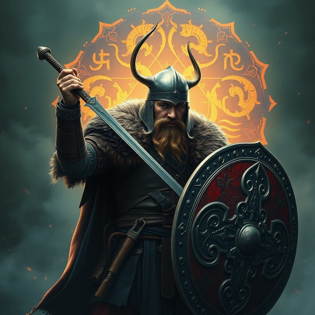 Viking Warrior in Medieval England with Norse Symbols