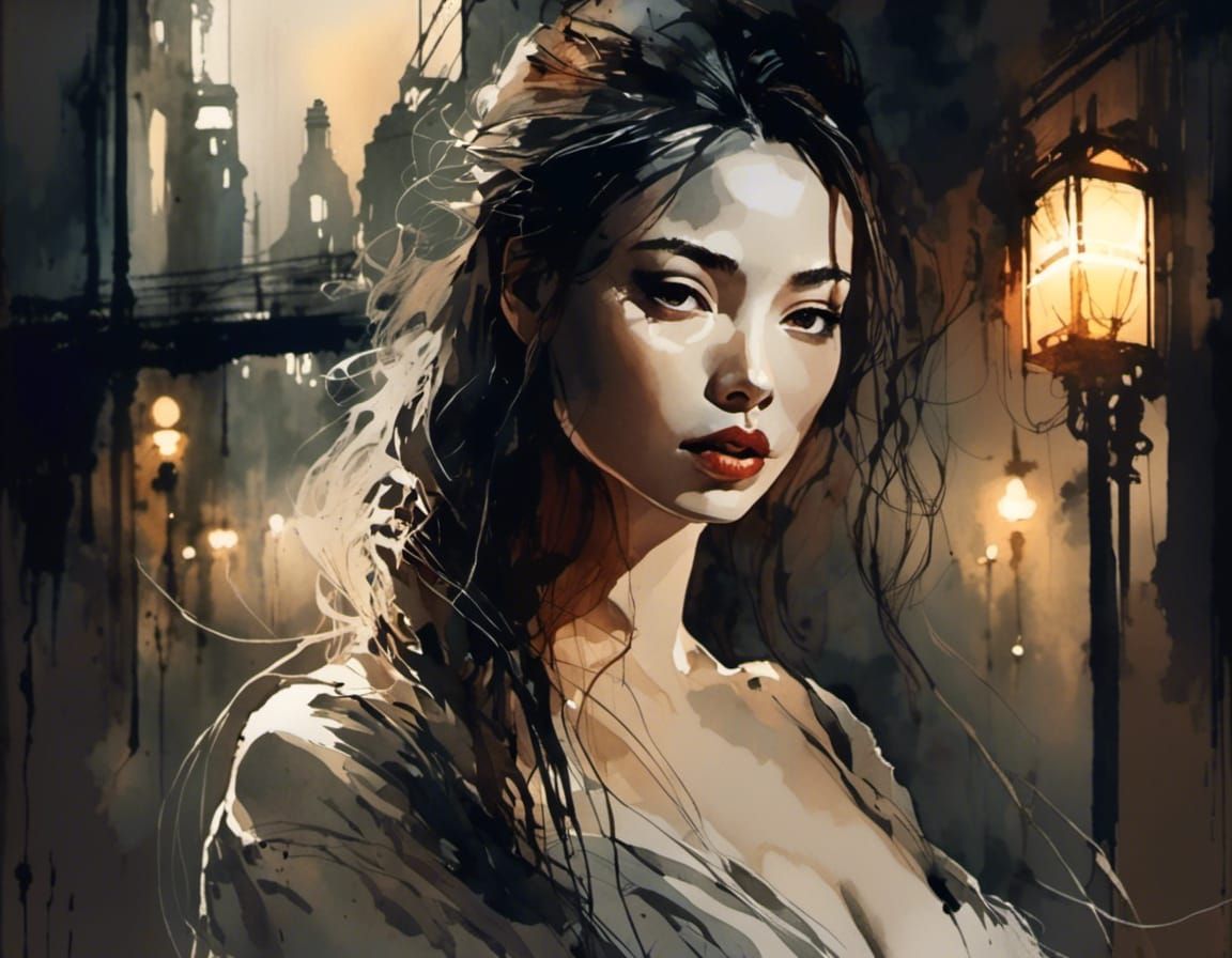 Fantasy Woman Portrait in Watercolor and Ink Wash