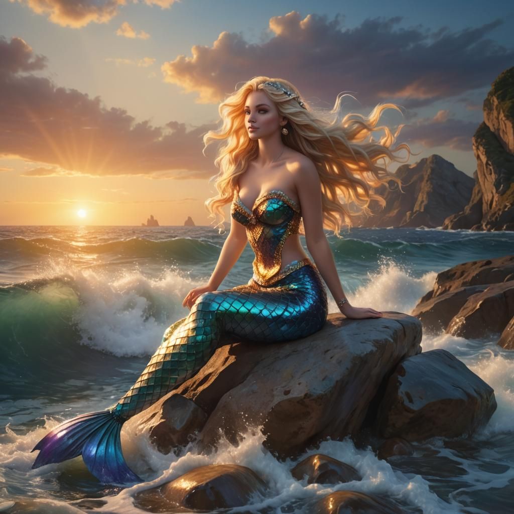 Mermaid Singing at Sunset: Detailed Digital Art