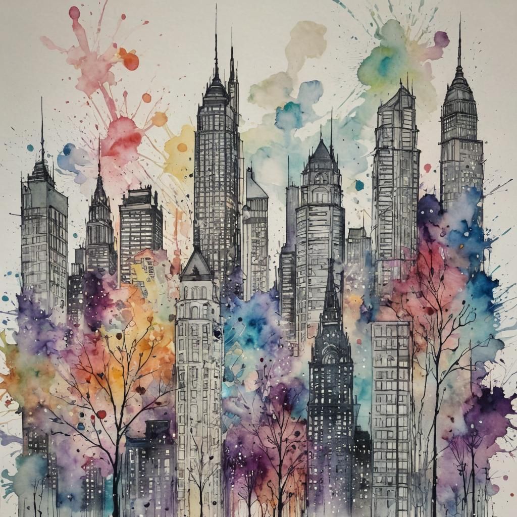 Alcohol Ink Splash over Cityscape Line Drawing