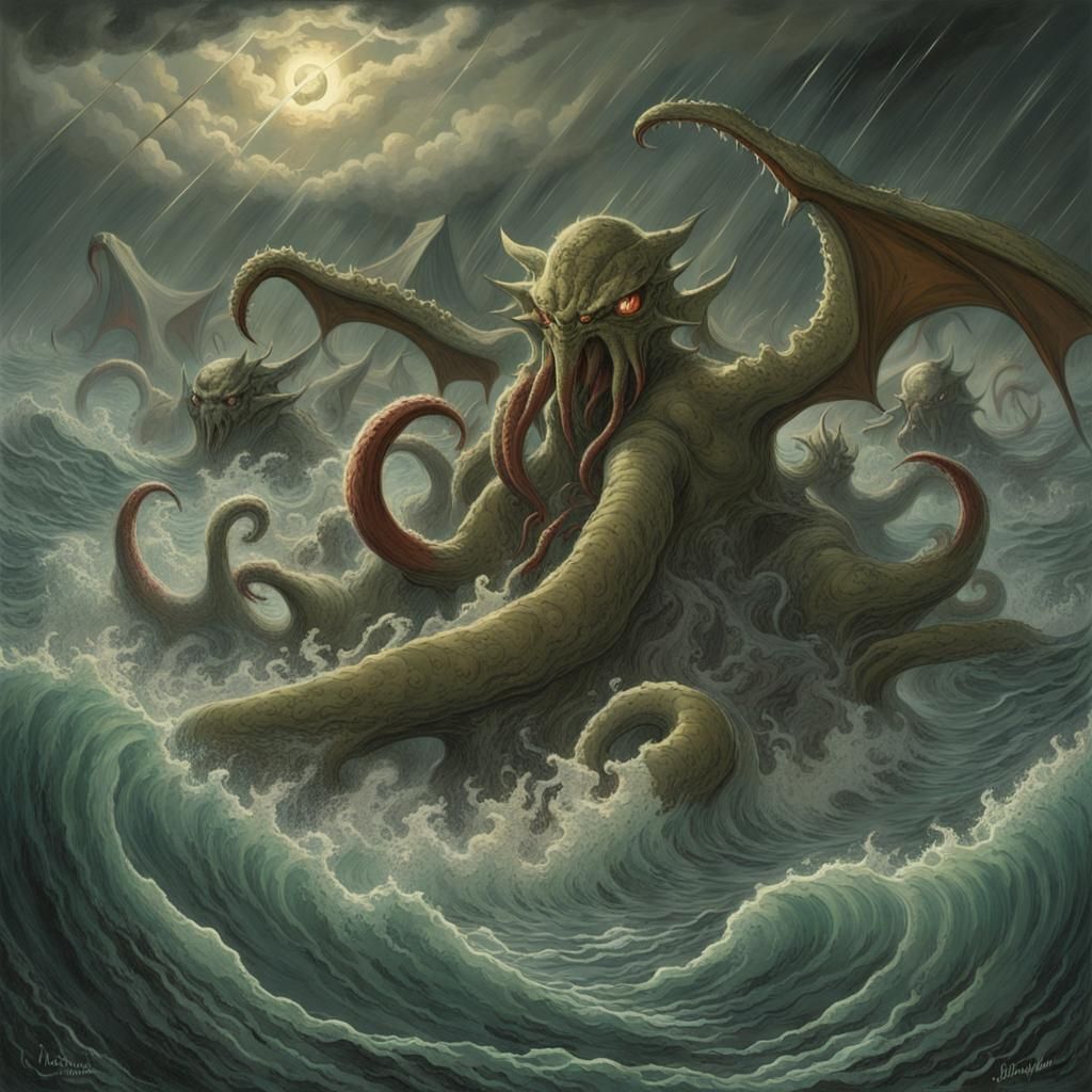 Epic Battle: Cthulhu vs. Gyrados, Horror Art