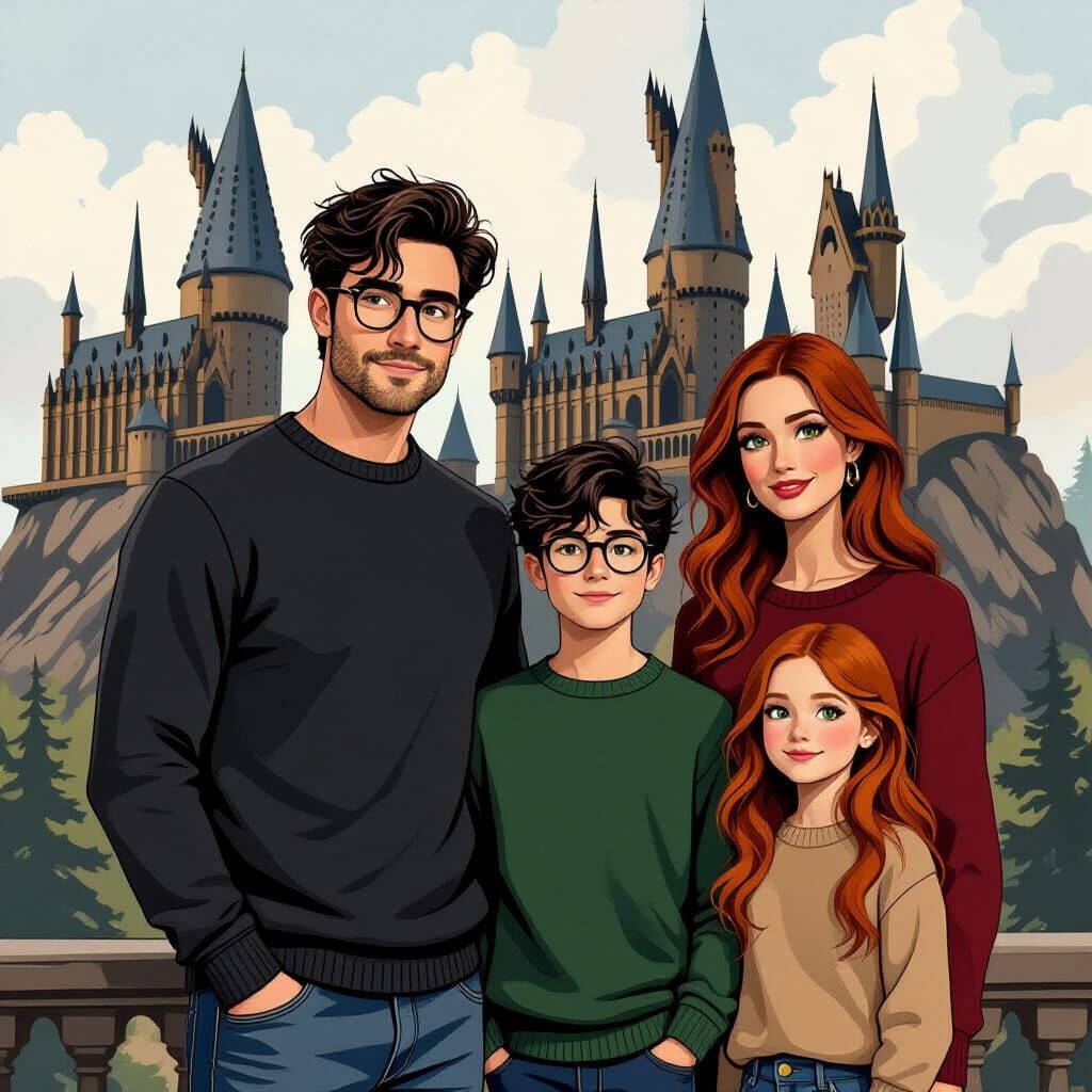 Family Portrait at Hogwarts: Whimsical Illustration