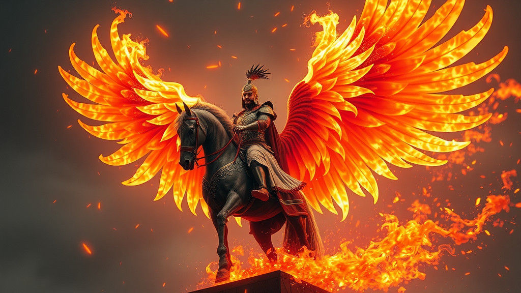 Mythical Knight on Fiery Phoenix in Surreal Style