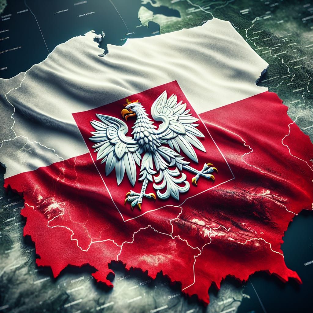 Polish Flag and White Eagle Over National Map