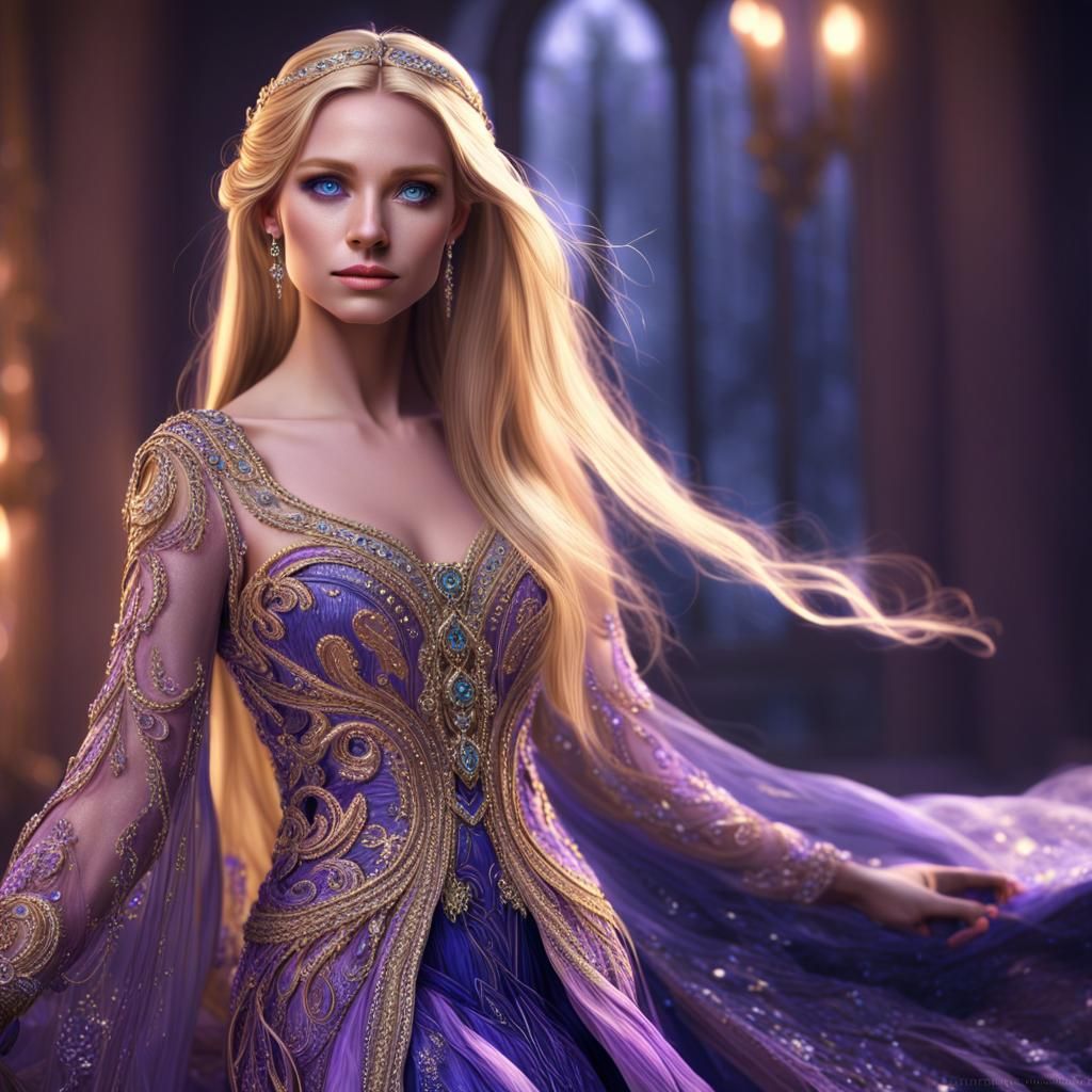 Beautiful Girl in Violet Dress: Digital Matte Painting