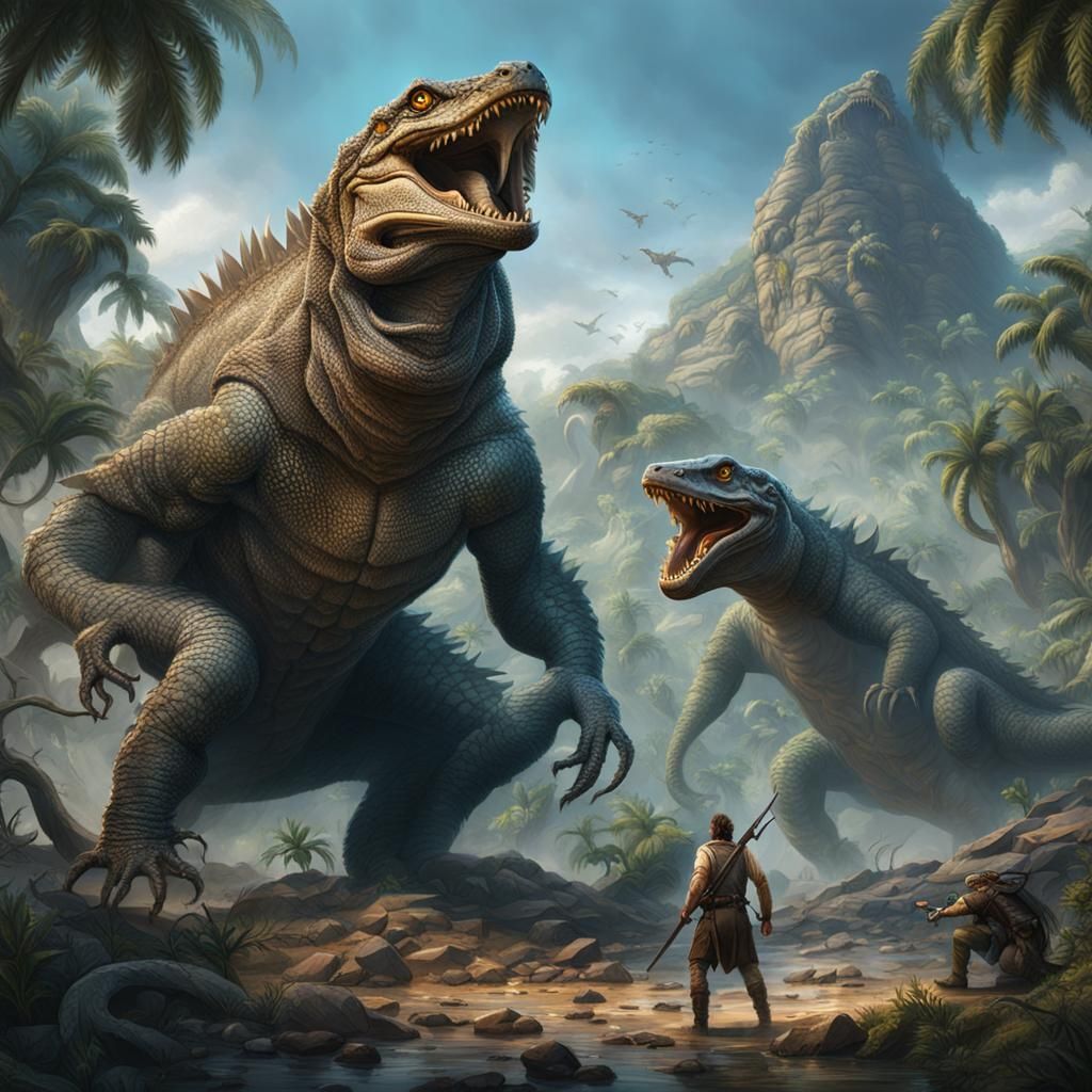 Stone Age Hunter Taunts a Giant Lizard