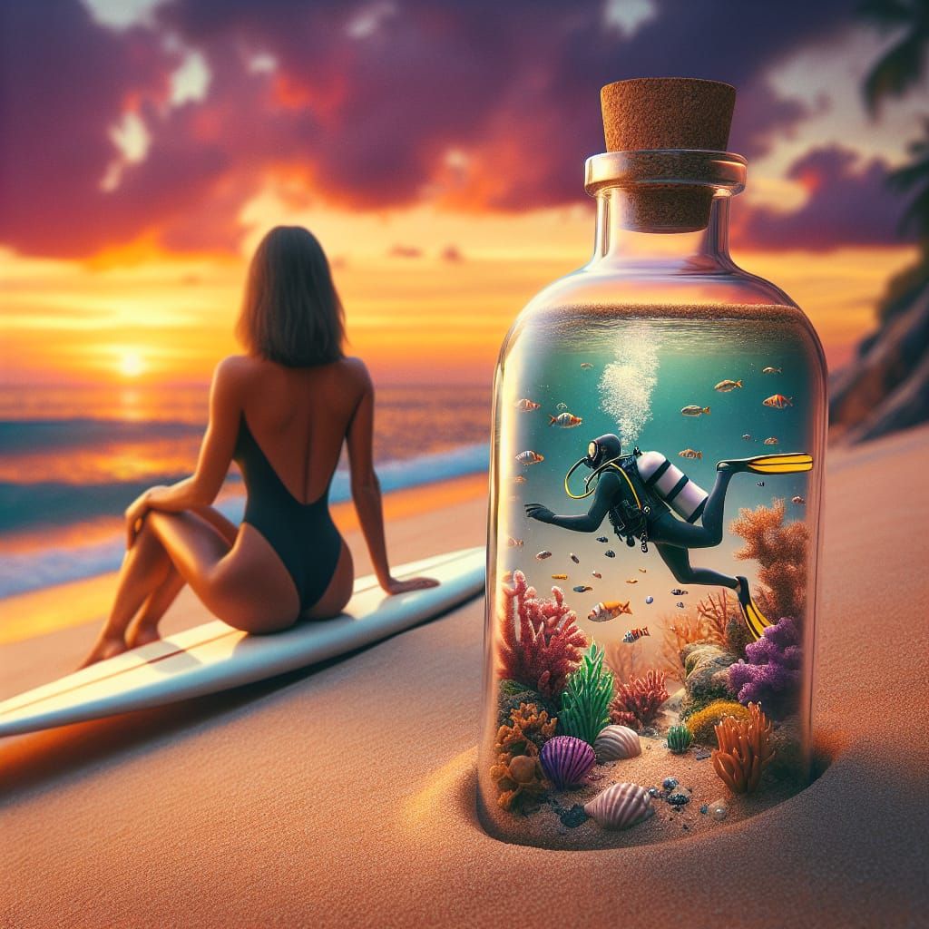 Surrealistic Beach Scene with Glass Bottle and Coral Reef