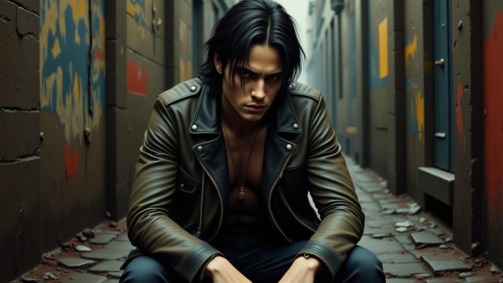 Man's Somber Reflection in Rainy City Alley