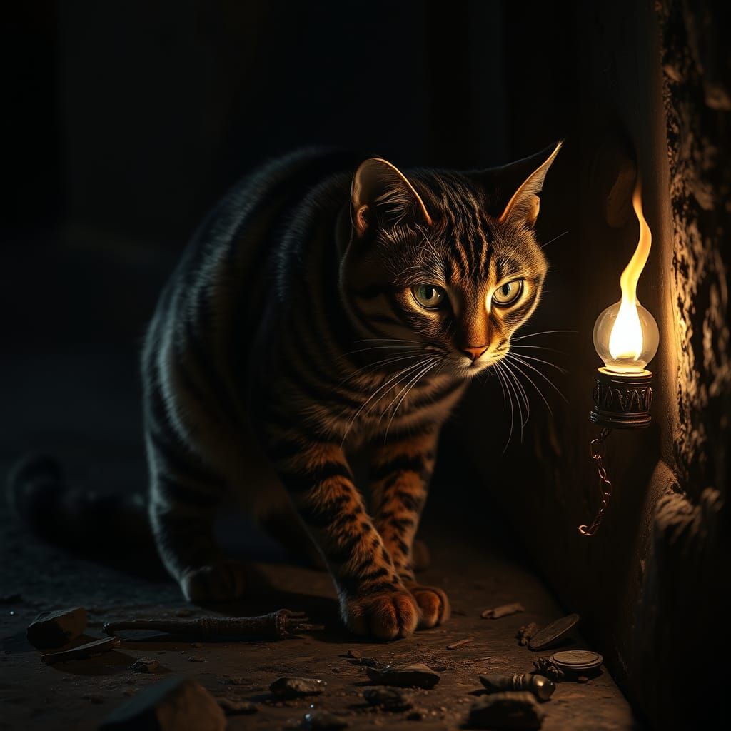 Photorealistic Tortoiseshell Cat Rogue in Mystical Realm