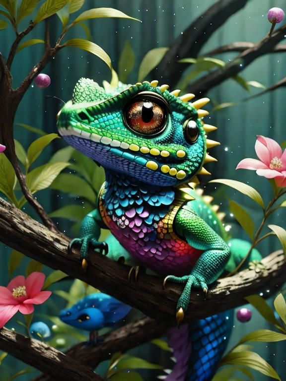 Mythical Lizard on Dew Branch in Vaporwave Style