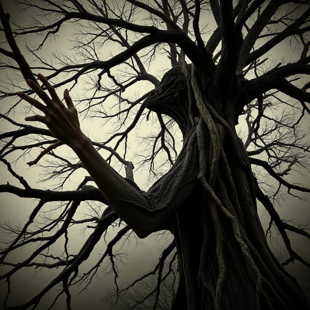 an anthropomorphic person forming from night woods branches,...